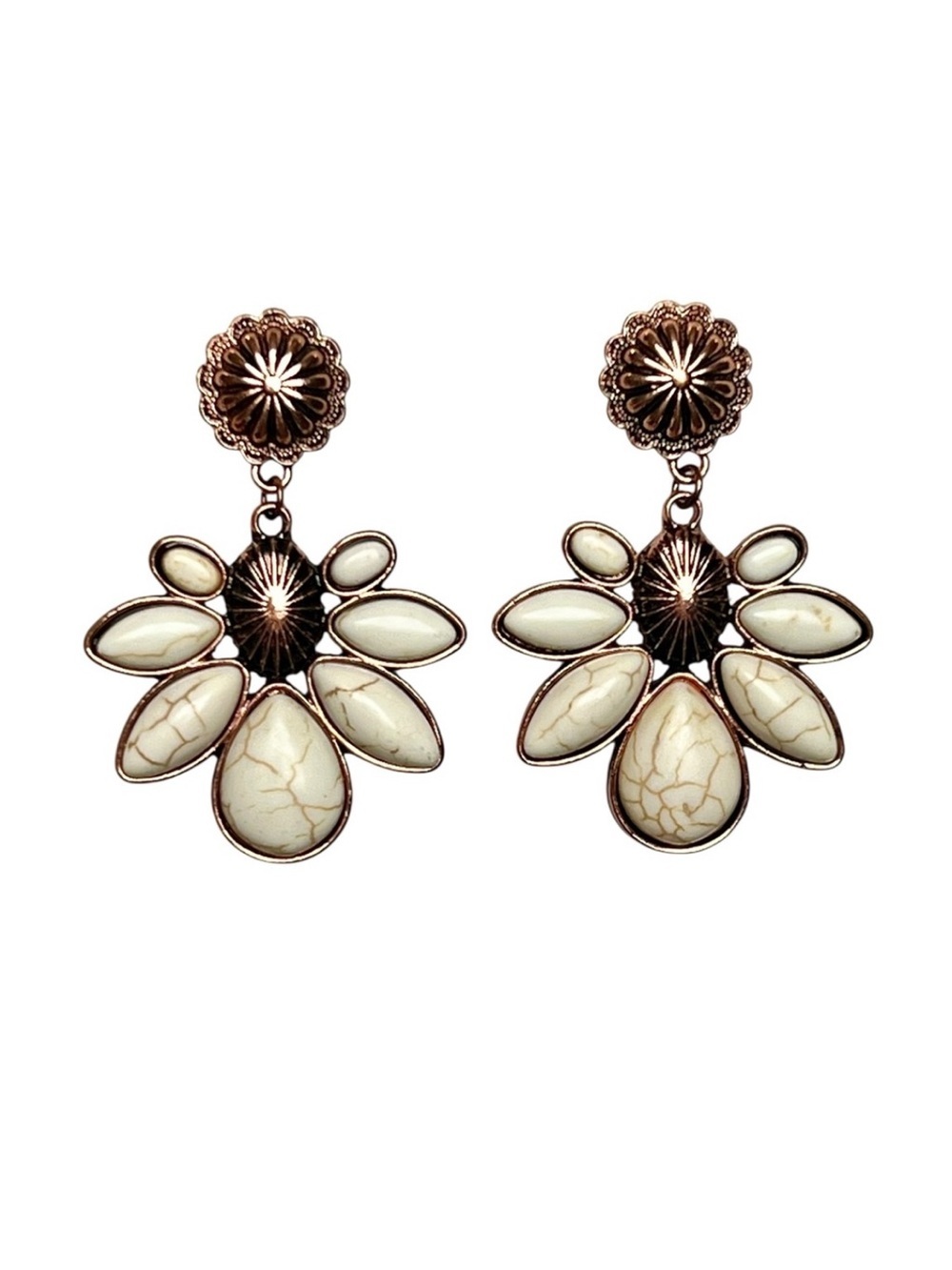 Rose Gold Faux White Buffalo Stone Large Western Style Pierced Chunky Earrings